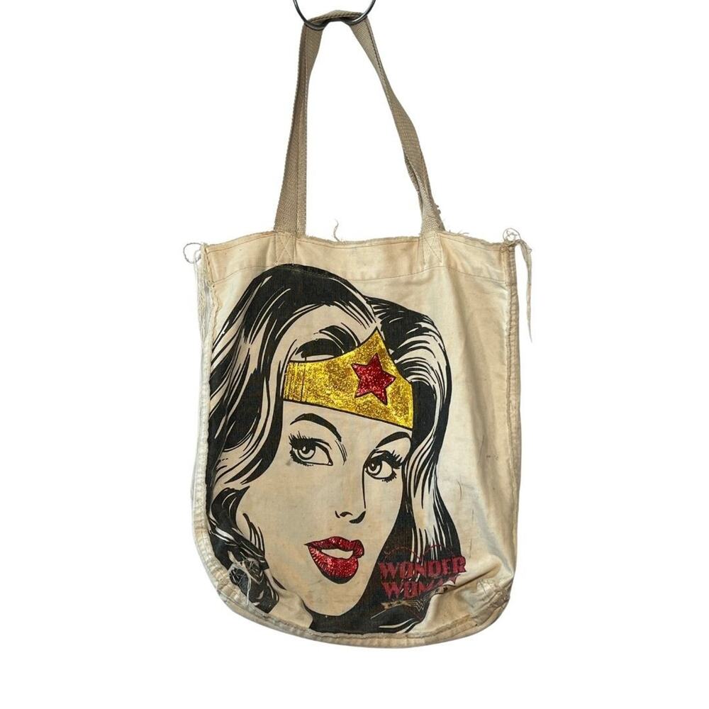 Wonder Woman Glitter Detail Cotton Canvas Tote Bag School Purse Vtg Deadstock